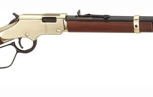 Lever-action rifle with wooden stock and brass-colored receiver, long dark barrel.