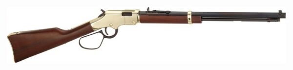 Lever-action rifle with wooden stock and brass-colored receiver, long dark barrel.