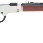 Side view of a lever-action rifle with a wood stock, metal receiver, and long barrel.
