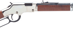 Side view of a lever-action rifle with a wood stock, metal receiver, and long barrel.