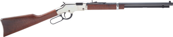 Side view of a lever-action rifle with a wood stock, metal receiver, and long barrel.