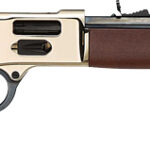 Lever-action rifle with wooden stock and beige receiver in profile view