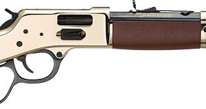 Lever-action rifle with wooden stock and beige receiver in profile view