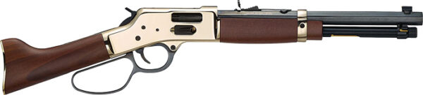 Lever-action rifle with wooden stock and beige receiver in profile view