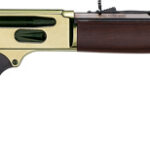 Lever-action rifle with wooden stock and brass receiver, long barrel (profile view).