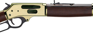 Lever-action rifle with wooden stock and brass receiver, long barrel (profile view).
