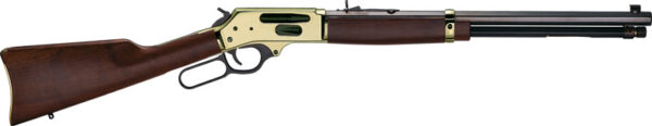 Lever-action rifle with wooden stock and brass receiver, long barrel (profile view).