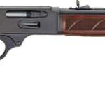 Lever-action rifle with wooden stock and long blued barrel, shown in side view.