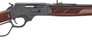 Lever-action rifle with wooden stock and long blued barrel, shown in side view.