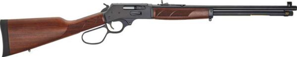Lever-action rifle with wooden stock and long blued barrel, shown in side view.
