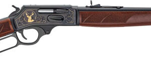 Lever-action rifle with a wooden stock, long barrel, and decorative engraving on the action.