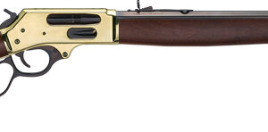 Lever-action rifle with wooden stock and brass-colored receiver on a white background.