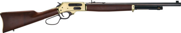 Lever-action rifle with wooden stock and brass-colored receiver on a white background.