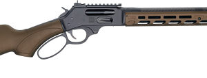Long-barrel semi-automatic rifle with brown stock, black receiver, and vented handguard on a straight side view