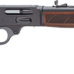 Lever-action rifle with wooden stock and fore-end, long barrel and iron sights.