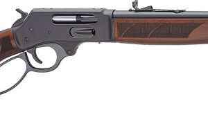 Lever-action rifle with wooden stock and fore-end, long barrel and iron sights.