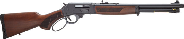 Lever-action rifle with wooden stock and fore-end, long barrel and iron sights.