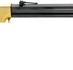 Lever-action rifle with a polished wooden stock, brass receiver, and long black barrel.