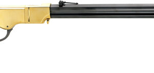 Lever-action rifle with a polished wooden stock, brass receiver, and long black barrel.