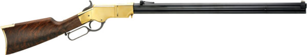 Lever-action rifle with a polished wooden stock, brass receiver, and long black barrel.