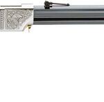 Side view of a lever-action rifle with a wooden stock and engraved silver receiver.