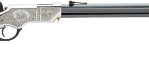 Side view of a lever-action rifle with a wooden stock and engraved silver receiver.