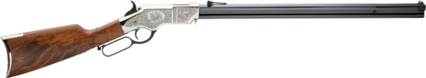 Side view of a lever-action rifle with a wooden stock and engraved silver receiver.