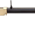 Lever-action rifle with wooden stock and brass receiver, and a long black barrel photographed in profile.