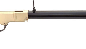 Lever-action rifle with wooden stock and brass receiver, and a long black barrel photographed in profile.