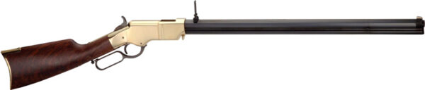 Lever-action rifle with wooden stock and brass receiver, and a long black barrel photographed in profile.