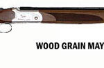 Shotgun with wooden stock and blue steel barrel, plus the label 'WOOD GRAIN MAY DIFFER THAN MODEL SHOWN'