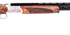 Over-under double-barreled shotgun with polished wood stock and silver receiver.