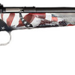 Bolt-action rifle with an American-flag patterned stock and a scope, pointing to the right.