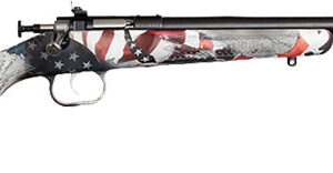 Bolt-action rifle with an American-flag patterned stock and a scope, pointing to the right.
