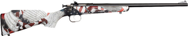 Bolt-action rifle with an American-flag patterned stock and a scope, pointing to the right.