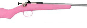 Side view of a pink rifle laid horizontally across the frame, showcasing the stock and long barrel.