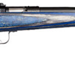 Bolt-action rifle with a blue and black wood-grain stock and a long barrel.