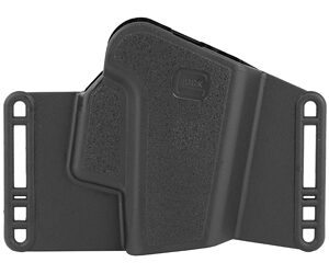 Black polymer handgun holster with dual belt-loops for waistband mounting.