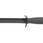 Tactical combat knife with a serrated spine and textured gray handle.