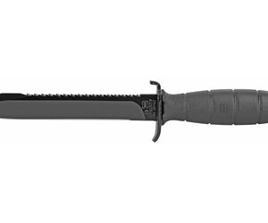 Tactical combat knife with a serrated spine and textured gray handle.