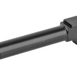 Black cylindrical firearm accessory with a threaded muzzle and a rectangular mounting block at the rear.