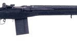 Side view of a black semi-automatic rifle with fixed stock and detachable magazine in a horizontal orientation.