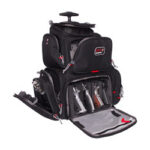 Black rolling tool backpack open to reveal organized hand tools—wrenches, pliers, and screwdrivers in multiple pockets.