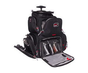 Black rolling tool backpack open to reveal organized hand tools—wrenches, pliers, and screwdrivers in multiple pockets.