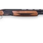 Side view of a double-barrel shotgun with a polished wooden stock and checkered grip.