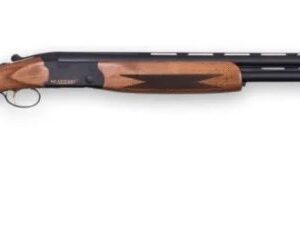 Side view of a double-barrel shotgun with a polished wooden stock and checkered grip.