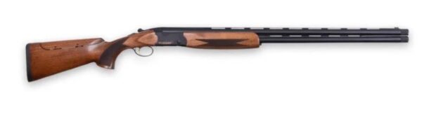Side view of a double-barrel shotgun with a polished wooden stock and checkered grip.