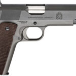 Semi-automatic pistol with a gray finish and brown checkered grip, Springfield Armory markings, side view