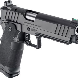 Side view of a black semi-automatic pistol with a Picatinny rail and mounted sight, branded Springfield Armory on the slide.