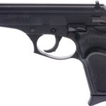 Black compact air pistol with a textured grip and exposed trigger, shown from the left side with rear sight.